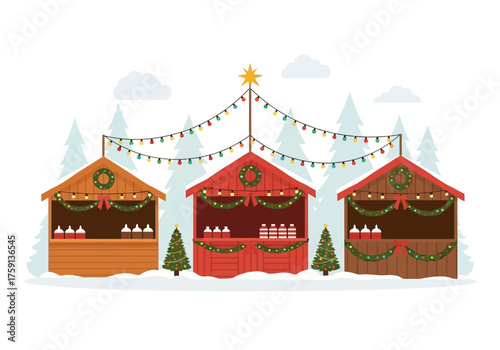 Winter market stalls with colorful lights wreaths and Christmas trees in a snowy landscape