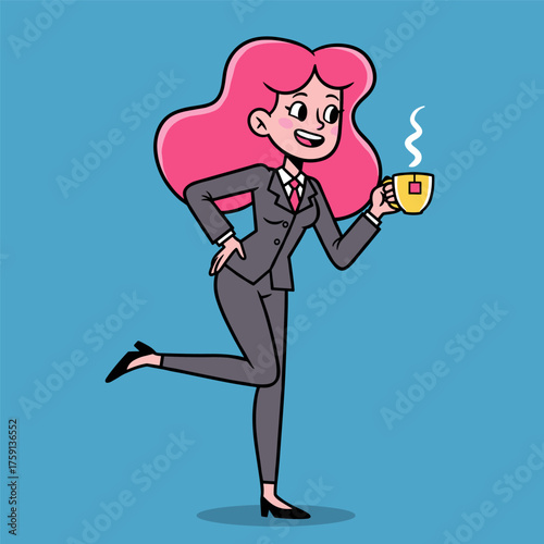 A cartoon illustration of a stylish businesswoman with long pink hair, wearing a gray suit, cheerfully holding a steaming cup of coffee or tea while posing energetically.