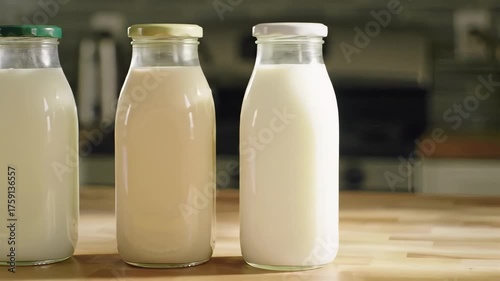 Three glass bottles with different colored liquids on a wooden surface with a blurred background