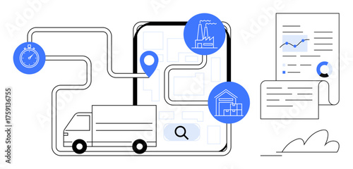 Delivery truck route linked to digital map, location pin, stopwatch, factory, and analytics scroll. Ideal for transportation, delivery, logistics efficiency planning supply chains data. Simple