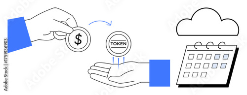 Hand exchanging dollar coin for token with cloud and calendar elements. Ideal for transactions, digital currency, blockchain, budget planning, fintech, subscription services, simple flat metaphor