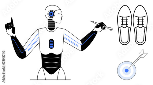 Advanced robot holding a pen, pointing upward, and a pair of shoes and dartboard. Ideal for technology, creativity, productivity, innovation, multitasking, AI in business futuristic concepts