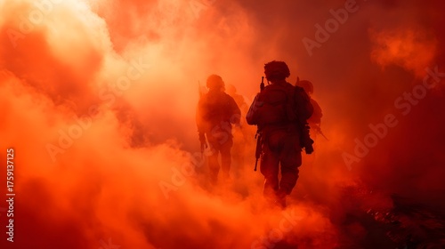 Soldiers advance through thick orange smoke under dramatic lighting.