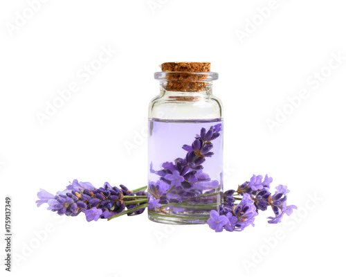 lavender essential oil bottle with flowers on white background.
