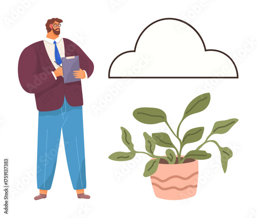 Professional man holding clipboard near cloud outline and potted plant. Ideal for sustainability, cloud computing, modern work, eco-consciousness, organization, productivity, digitalization. Simple