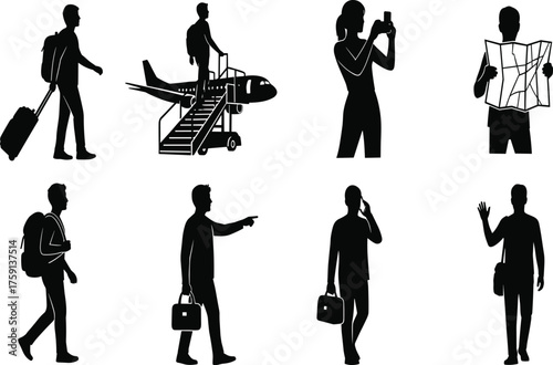 Traveler silhouettes, airport journey, business travel, tourist exploration, map reading, mobile use, walking, flying, travel lifestyle, destination adventure
