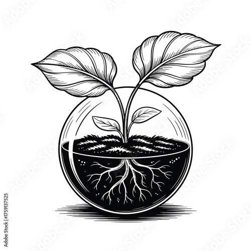 Hand drawn sketch of a seedling growing in a glass terrarium