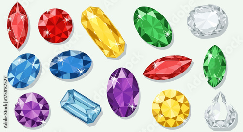 A vibrant collection of sparkling faceted gemstones in various colors and shapes, including rubies, emeralds, sapphires, and diamonds.