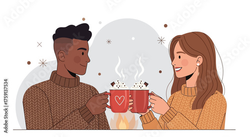 Couple toasting with hot drinks by fireplace in winter.