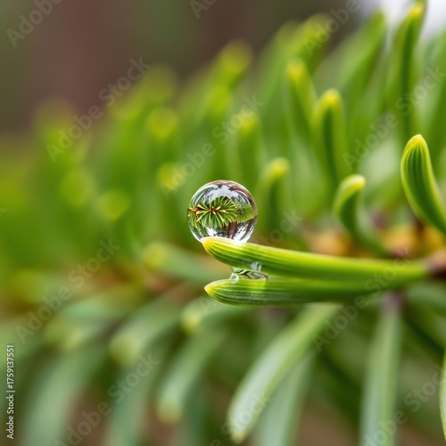 Close-up of Green Plant with Water Droplet Reflecting Foliage and Natural Light