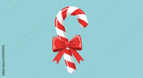 A festive red and white striped candy cane adorned with a bright red bow, set against a solid light blue background.