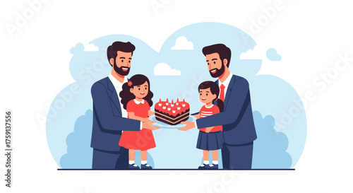 Illustration of two fathers and their daughters celebrating a special occasion with a chocolate cake and candles.