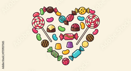 A heart-shaped arrangement of various candies and sweets, showcasing a colorful and delicious assortment.
