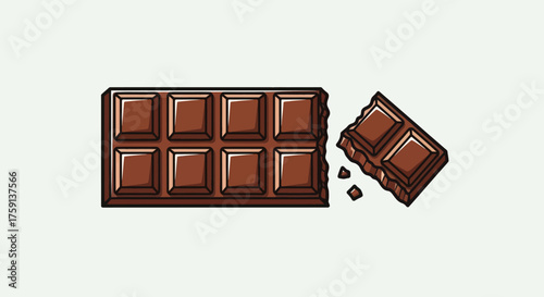 A pixel art illustration of a dark chocolate bar with a piece broken off and crumbs.