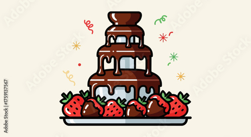 A celebratory illustration of a chocolate fountain with fresh strawberries on a platter ready for dipping.