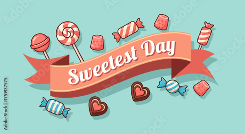 An illustration celebrating Sweetest Day with a banner and various colorful candies like lollipops, wrapped sweets, gummies, and heart chocolates on a light blue background.