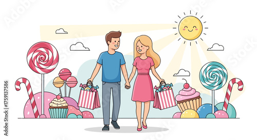Couple holding shopping bags walking in a candy land with cupcakes and lollipops.