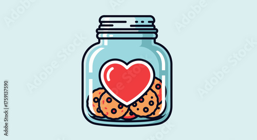 A glass jar filled with chocolate chip cookies, featuring a prominent red heart symbol on the front.
