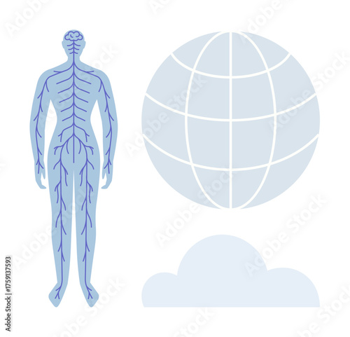 Blue human nervous system beside globe and cloud, symbolizing connection, global communication, technology, networking, healthcare, education, and innovation. Ideal for simple flat metaphor