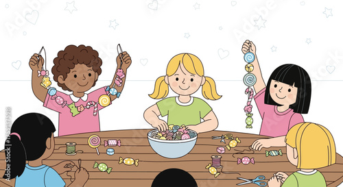 Diverse group of children crafting colorful beaded jewelry together at a table, enjoying a creative activity.