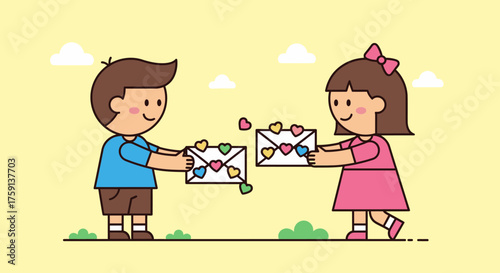 Boy and girl exchanging love letters decorated with hearts.