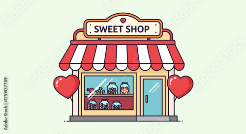Charming vector illustration of a sweet shop facade with a striped awning and decorative hearts.