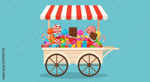 A charming cartoon candy cart filled with an assortment of colorful sweets and chocolates under a striped canopy.