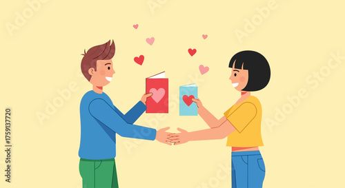 Vector illustration of a happy young man and woman in love, sharing books with heart covers and holding hands.