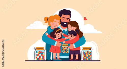 A loving family of five, parents and three children, hugging each other tightly with jars of colorful candies beside them.