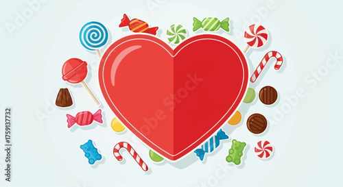 A vibrant illustration of a large red heart surrounded by an assortment of colorful candies and sweets, symbolizing love and joy.