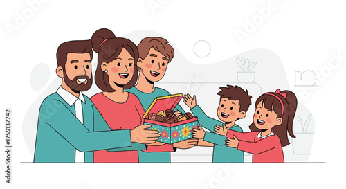 Family sharing a box of treats, smiling and happy together.