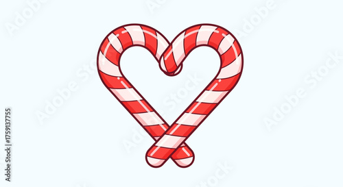 Two candy canes are intertwined to form a heart shape on a light blue background.