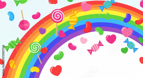 A whimsical illustration of a colorful rainbow with a shower of sweet candies, lollipops, and hearts.