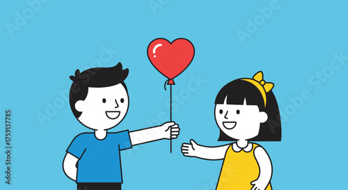 Cartoon illustration of a boy giving a heart-shaped balloon to a girl, symbolizing love and affection.