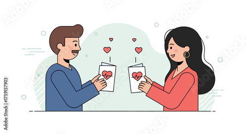 Illustration depicting a man and woman exchanging cards with hearts, symbolizing love and connection.
