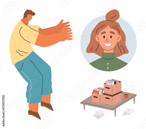 Man gesturing towards coworker portrait during conversation with documents, file boxes, and desk. Ideal for teamwork, communication, workspace, organization, collaboration, networking simple flat
