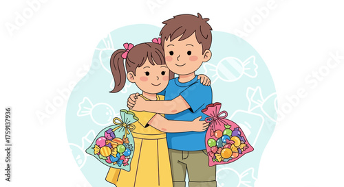 A young boy and girl, likely siblings, hugging each other while holding large bags full of colorful candy.