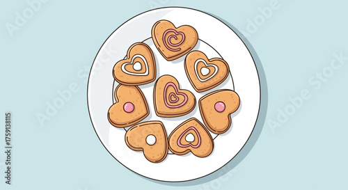 An overhead illustration of a white plate holding several heart-shaped cookies with pink and white icing.