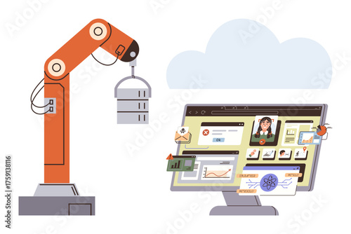 Robotic arm lifting data stack next to cloud-connected monitor showing analytics, charts, and tasks. Ideal for automation, technology, cloud computing, AI, robotics, innovation future visualization