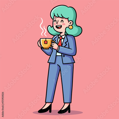 A cartoon illustration of a smiling businesswoman with mint green hair, wearing a blue suit and happily holding a steaming cup of tea.