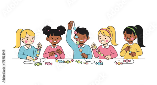 Five diverse children are seated at a table, stringing colorful beads to create necklaces.