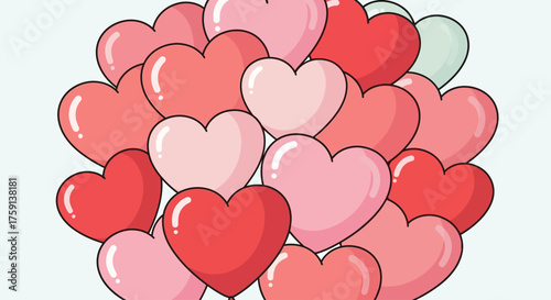 A vibrant cluster of cartoon hearts in shades of pink and red on a light background.