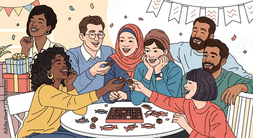 A diverse group of friends and family sharing chocolates around a table, celebrating a special occasion with confetti and decorations.
