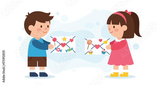 A cartoon illustration of a boy and a girl exchanging decorated envelopes with hearts and sweets.
