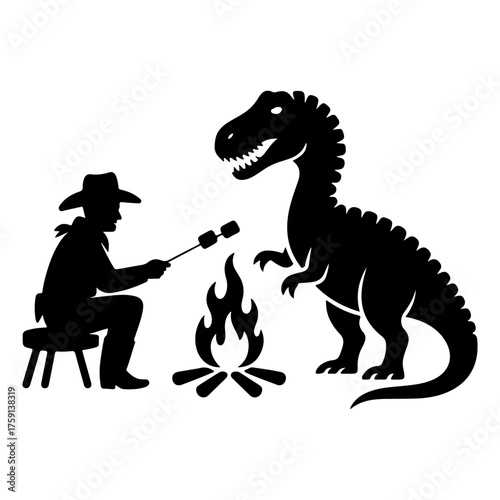 Cowboy Roasting Marshmallows with a Dinosaur at Campfire A Fun Silhouette Design