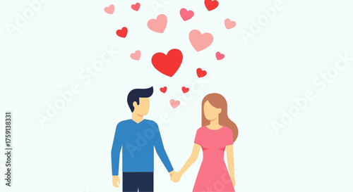 Vector illustration of a young couple in love holding hands with floating hearts above them.
