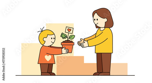 A child giving a potted plant with a heart to an adult, symbolizing care.