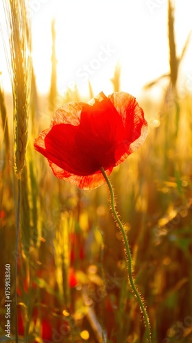 poppy. Close-up of a vibrant red poppy bathed in golden sunset light in a pea...