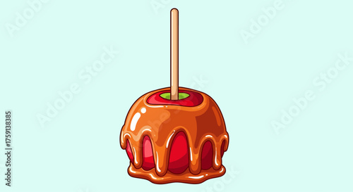 Illustration of a caramel apple with a stick on a light blue background.