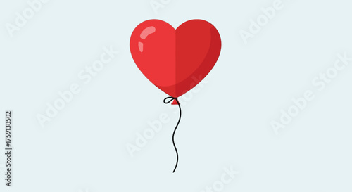A single red heart-shaped balloon with a black string floating against a light blue background.